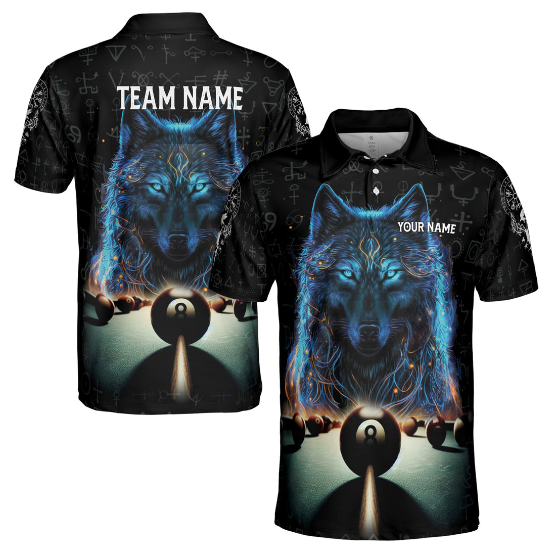Custom Name Team Wolf Billiards 8 Balls Viking Pattern Men's Polo Shirt S-5XL
