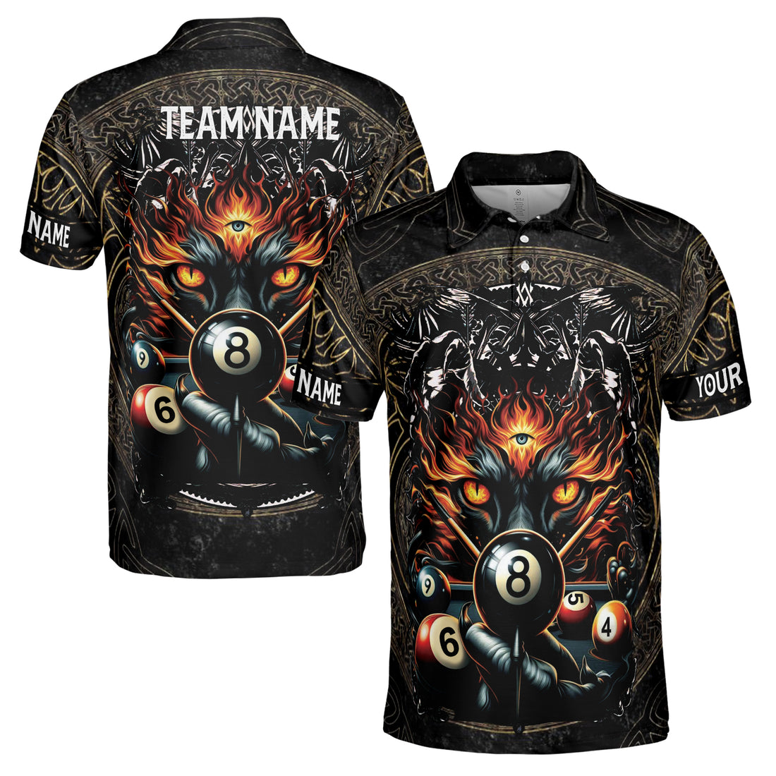 Custom Name Team Viking Dragon 3 Eyes Billiards 8 Balls Men's Polo Shirt S-5XL