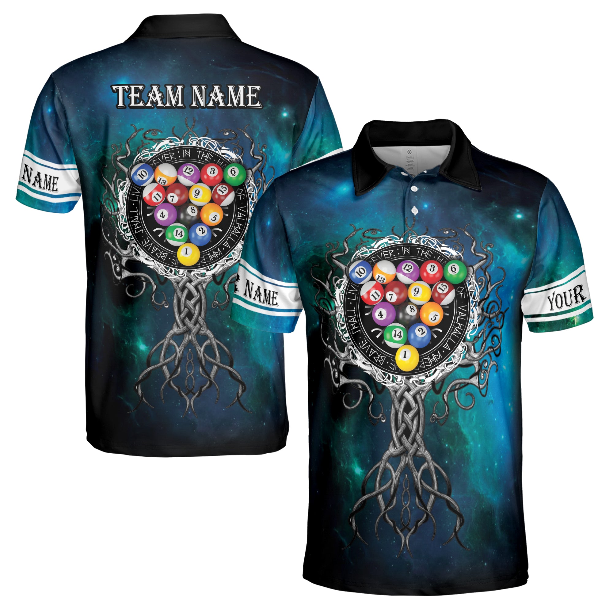 Custom Name Billiards Balls Galaxy Viking Tree Roots Men's Polo Shirt S-5XL