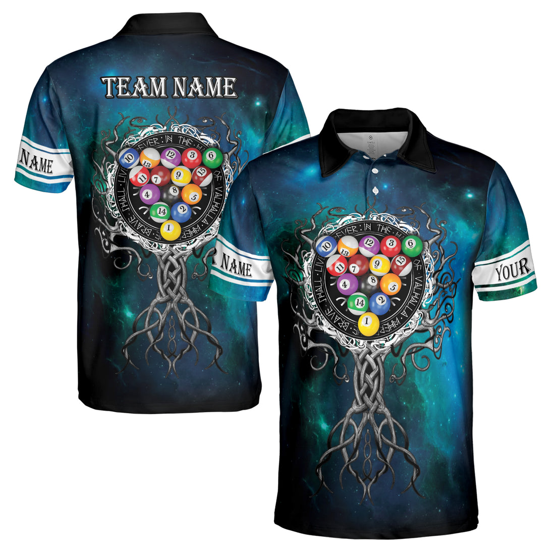 Custom Name Billiards Balls Galaxy Viking Tree Roots Men's Polo Shirt S-5XL