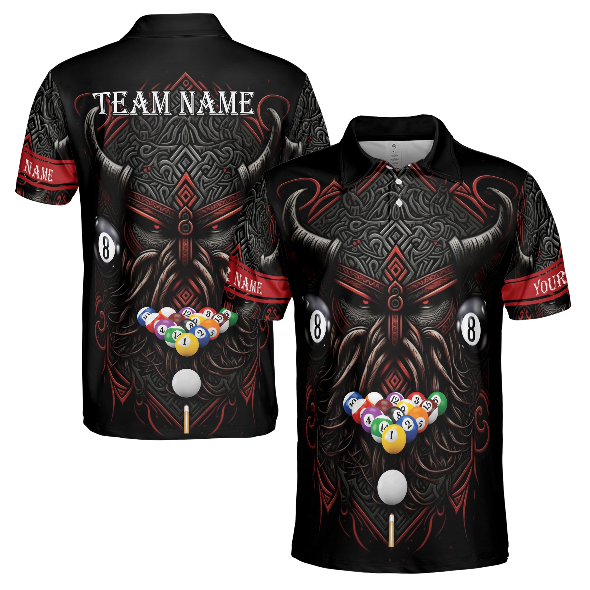 Custom Name Billiards Pool 8 Balls Grunge Viking Warrior Men's Polo Shirt S-5XL