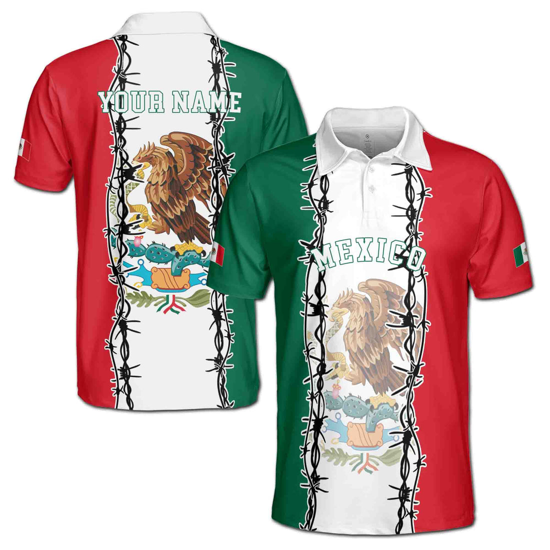 Custom Name Mexico Patriotic Coat of Arms National Pride Men's Polo Shirt S-5XL