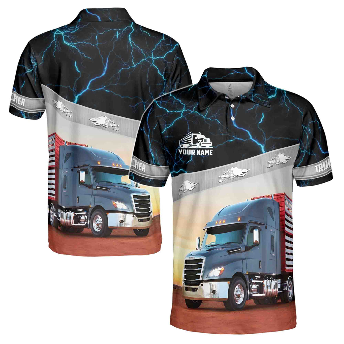 Custom Name Grunge Blue Lightning Trucker On Road Men's Polo Shirt S-5XL