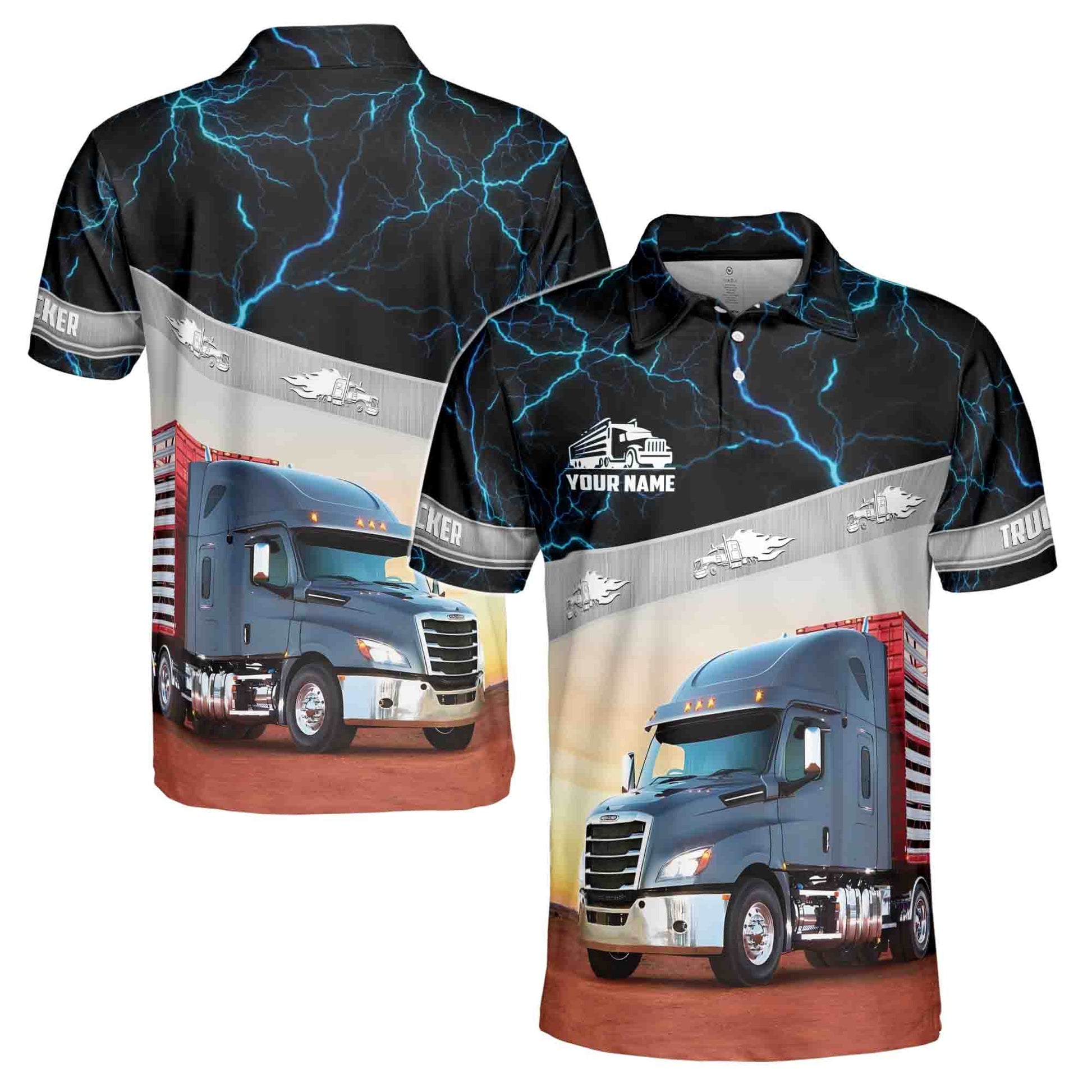 Custom Name Grunge Blue Lightning Trucker On Road Men's Polo Shirt S-5XL
