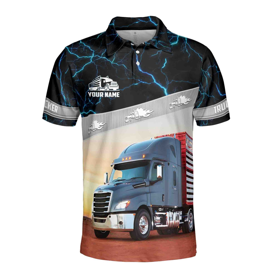 Custom Name Grunge Blue Lightning Trucker On Road Men's Polo Shirt S-5XL