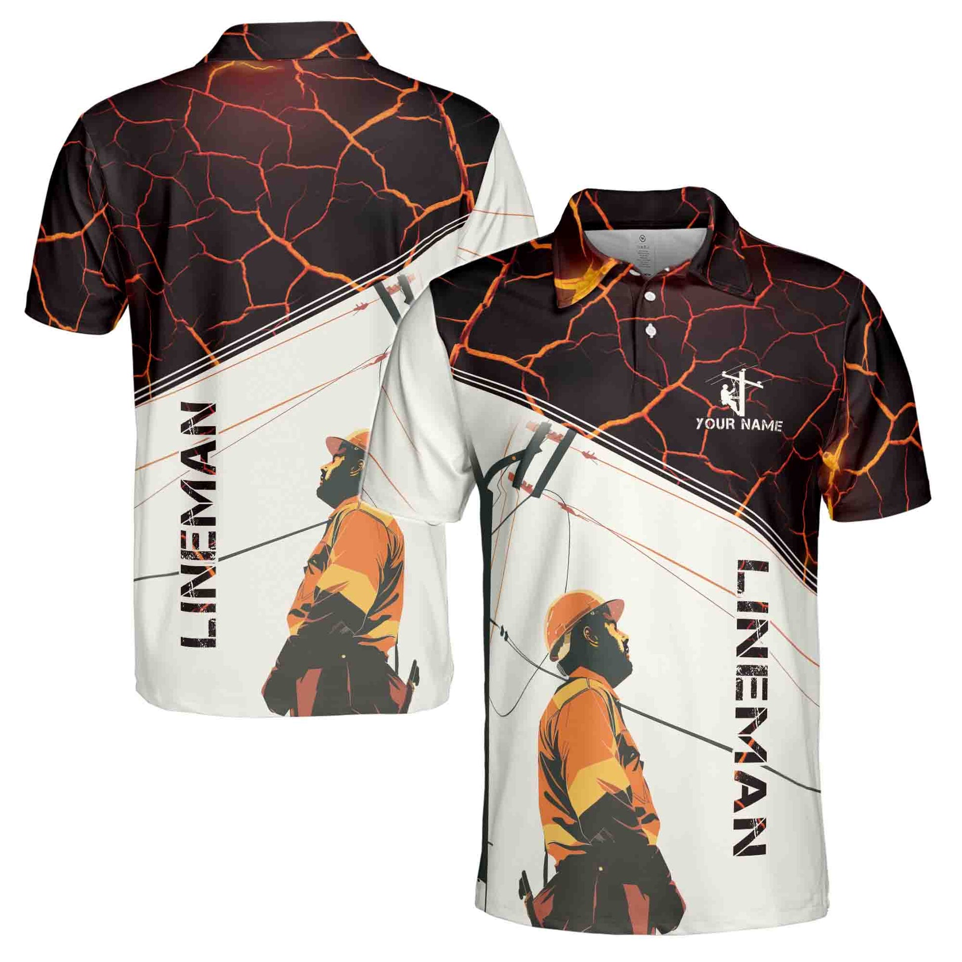 Custom Name Proud To Be A Lineman Lava Pattern Men's Polo Shirt S-5XL