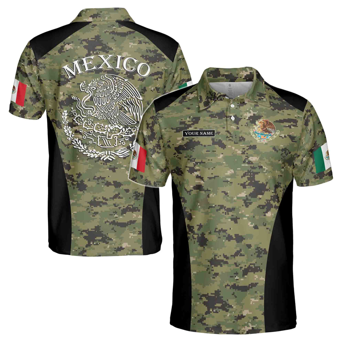 Custom Name Pixel Camo Mexico Coat of Arms Mexico Patriotic National Pride Men's Polo Shirt S-5XL