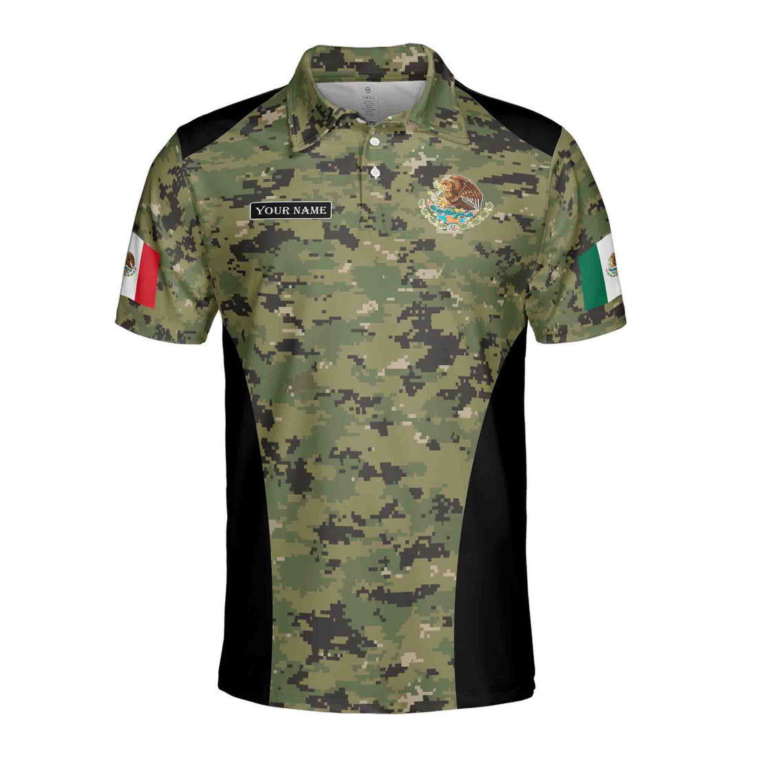 Custom Name Pixel Camo Mexico Coat of Arms Mexico Patriotic National Pride Men's Polo Shirt S-5XL