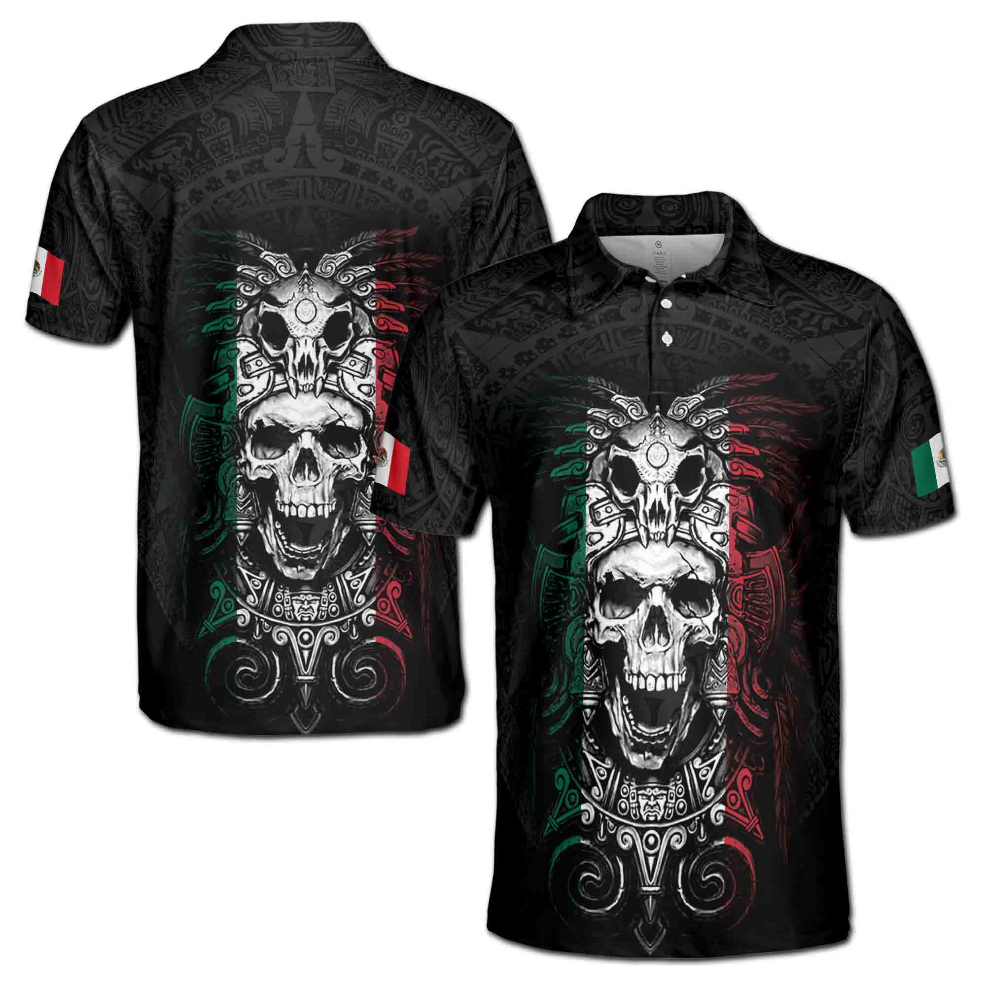 Ancient Mexico Skull Aztec Tattoo Tribal Pattern Grunge National Pride Men's Polo Shirt S-5XL