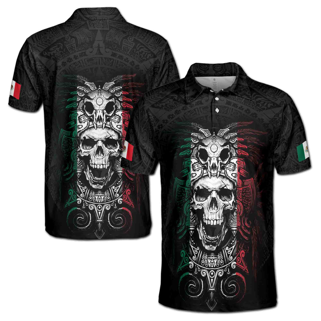 Ancient Mexico Skull Aztec Tattoo Tribal Pattern Grunge National Pride Men's Polo Shirt S-5XL