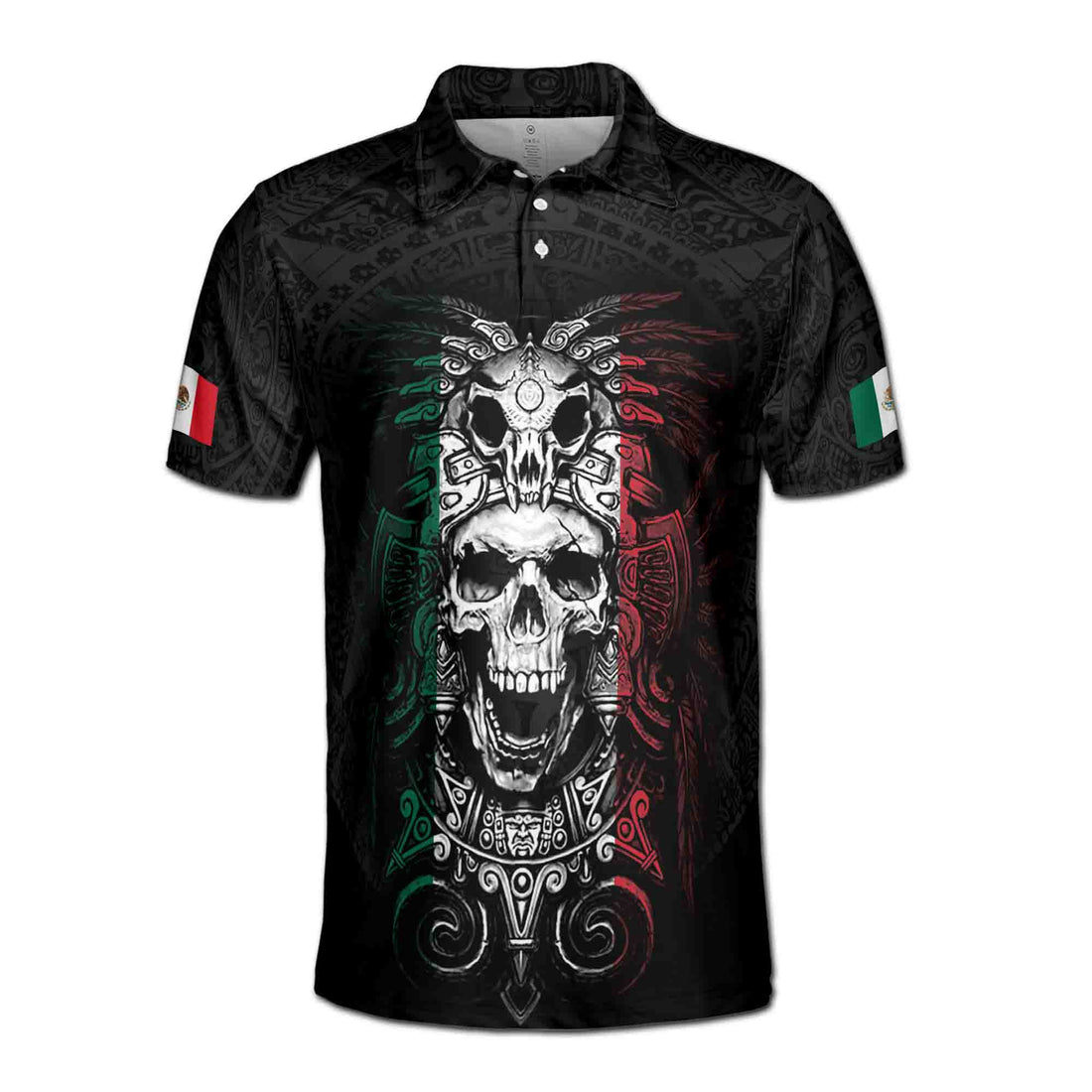 Ancient Mexico Skull Aztec Tattoo Tribal Pattern Grunge National Pride Men's Polo Shirt S-5XL