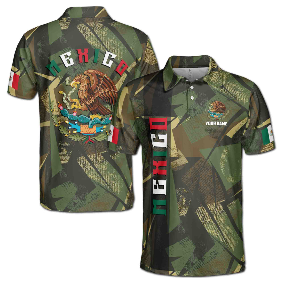 Custom Name Mexico Coat of Arms Camouflage Pattern National Pride Men's Polo Shirt S-5XL