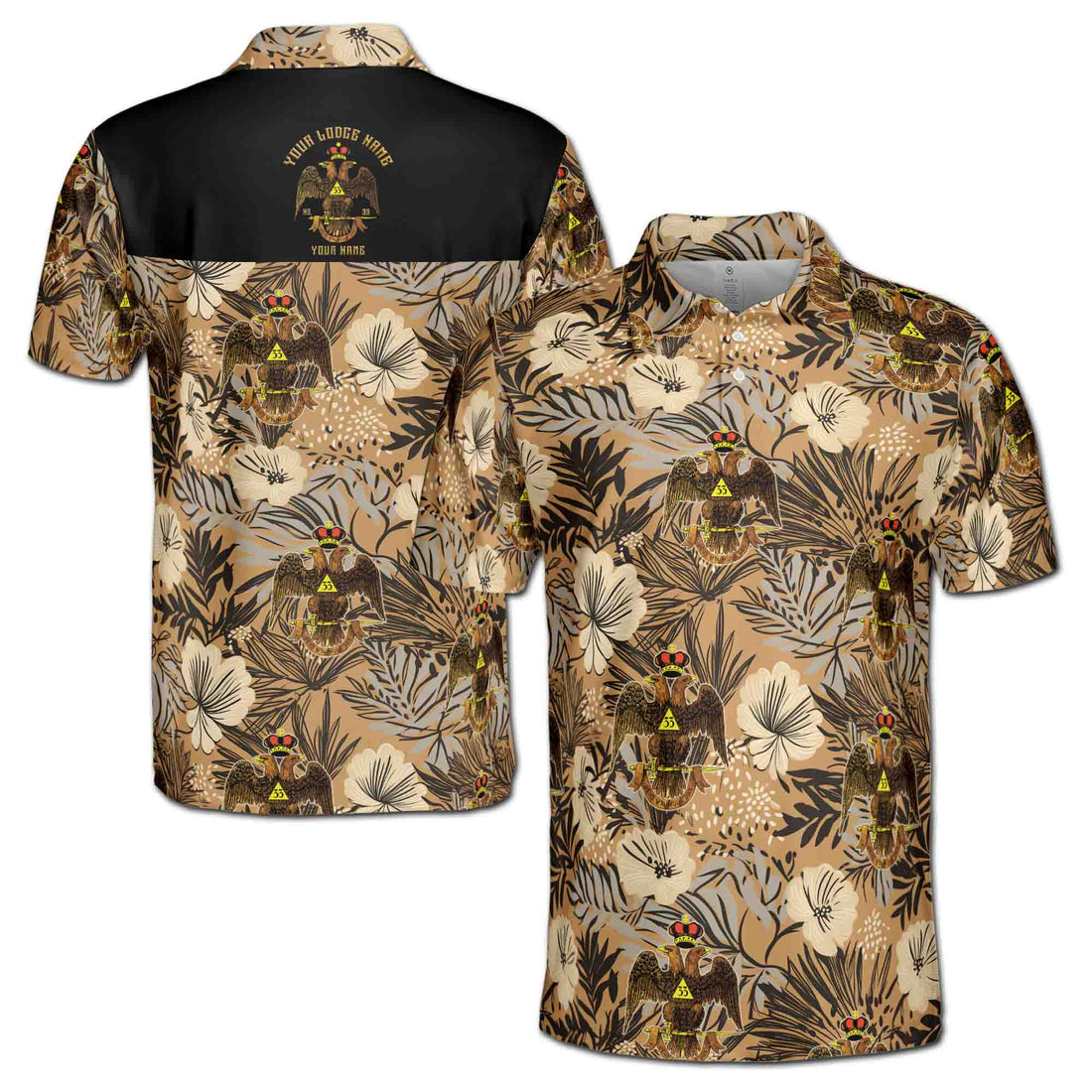 Customized Scottish Rite 33 Brown Tropical Floral Men's Polo Shirt S-5XL
