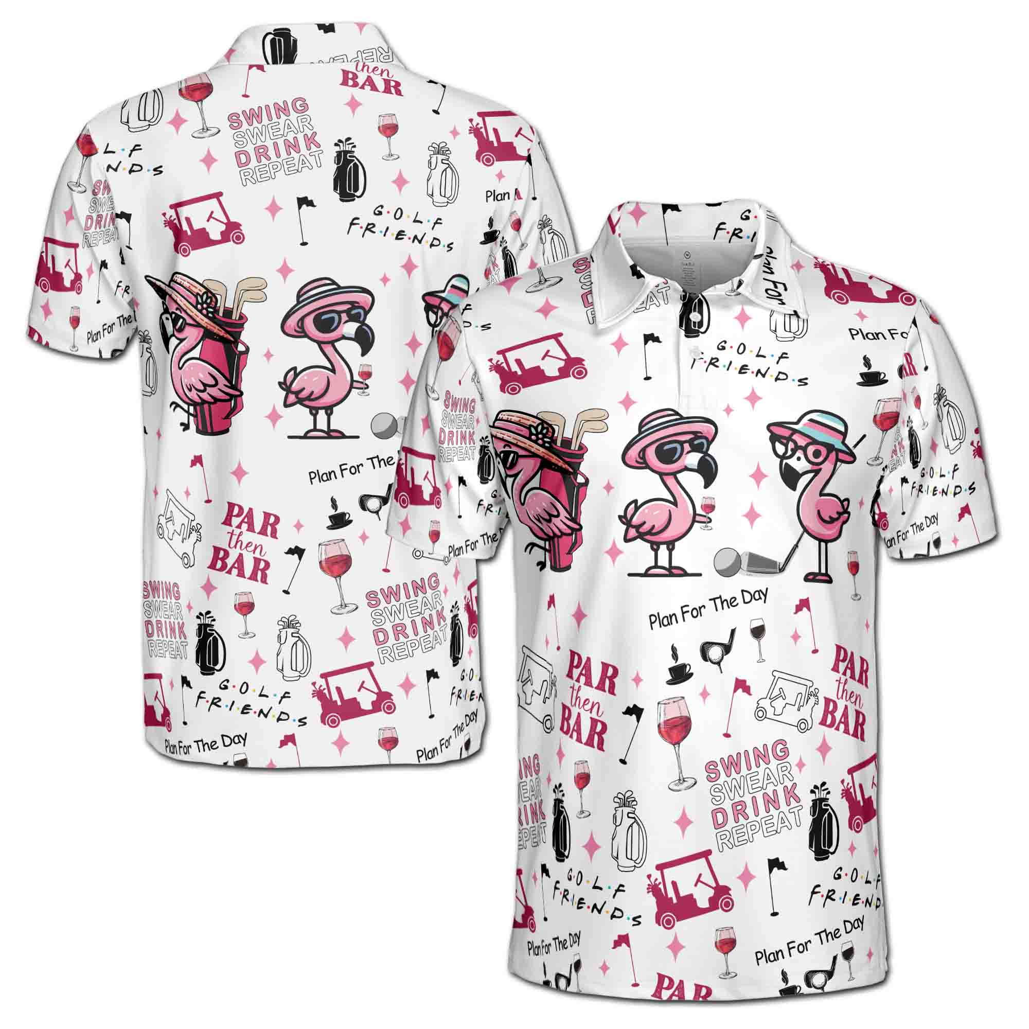 Funny Flamingo Swing Swear Drink Repeat Men's Polo Shirt S-5XL