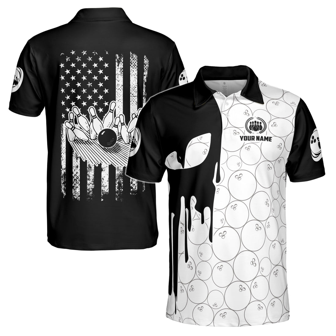 Personalized America Flag Skull Bowling Strike Men's Polo Shirt S-5XL