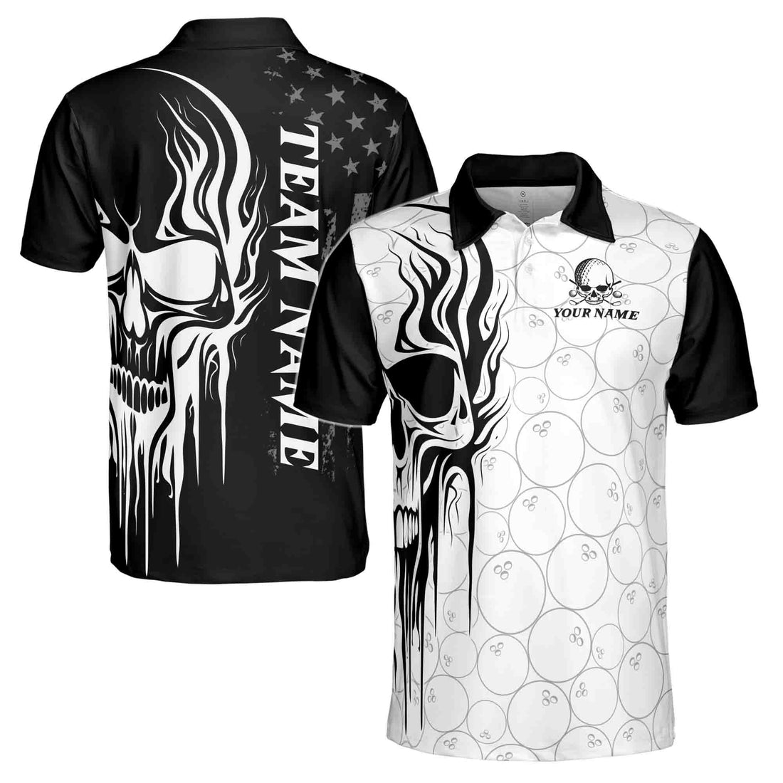 Personalized Grunge Skull America Bowling Lover Men's Polo Shirt S-5XL