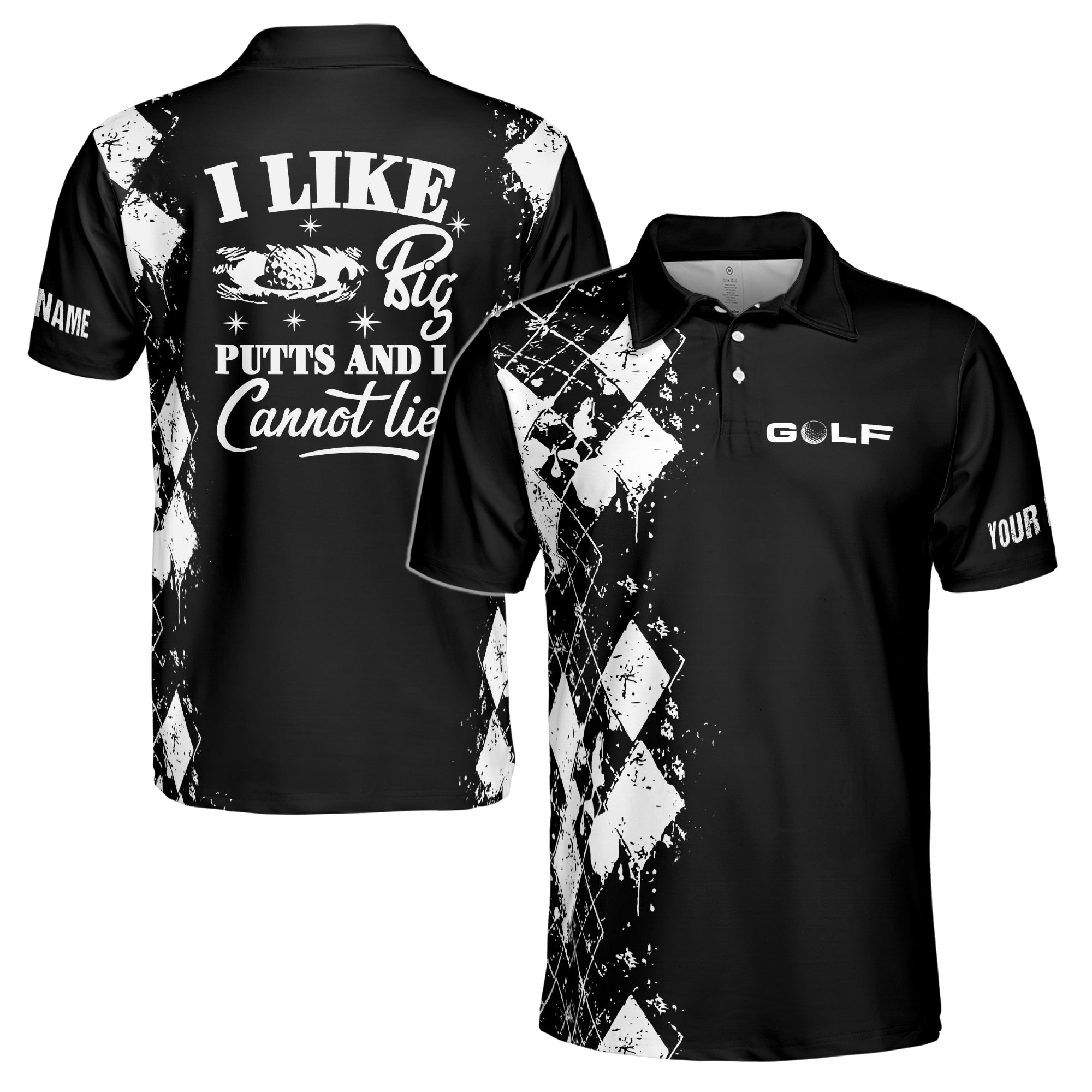 Custom Name Golf I Like Big Putts Cannot Lie Black Argyle Men's Polo S-5XL