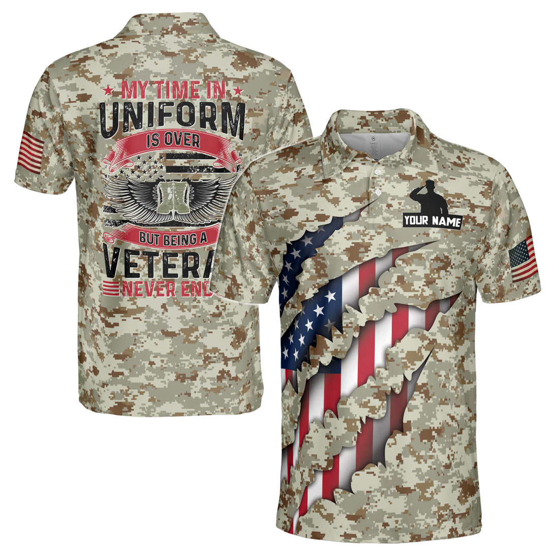 Custom Name My Time In Uniform Is Over Being A Veteran Never Ends Men's Polo S-5XL