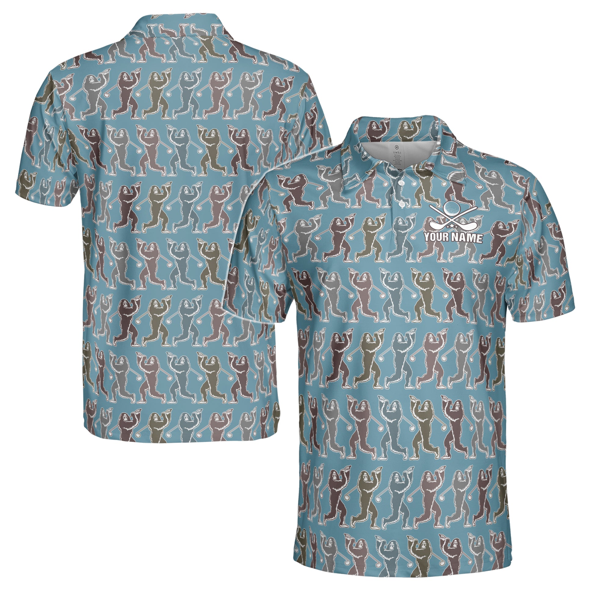 Custom Name Bigfoot Monkey Golf Ocean Blue Men's Polo S-5XL