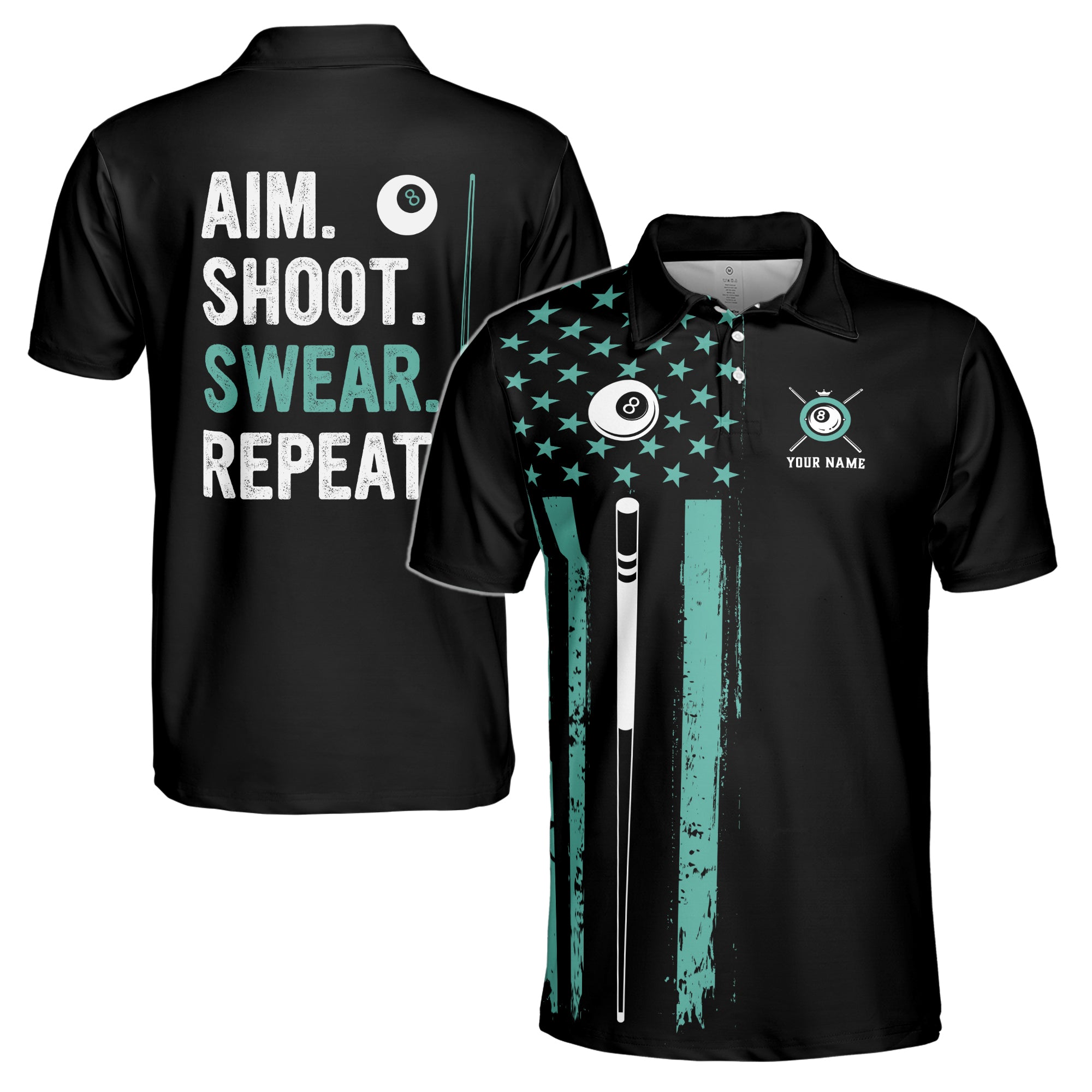 Custom Name Billiards Aim Shoot Swear Repeat 8-Ball Design Men's Polo S-5XL