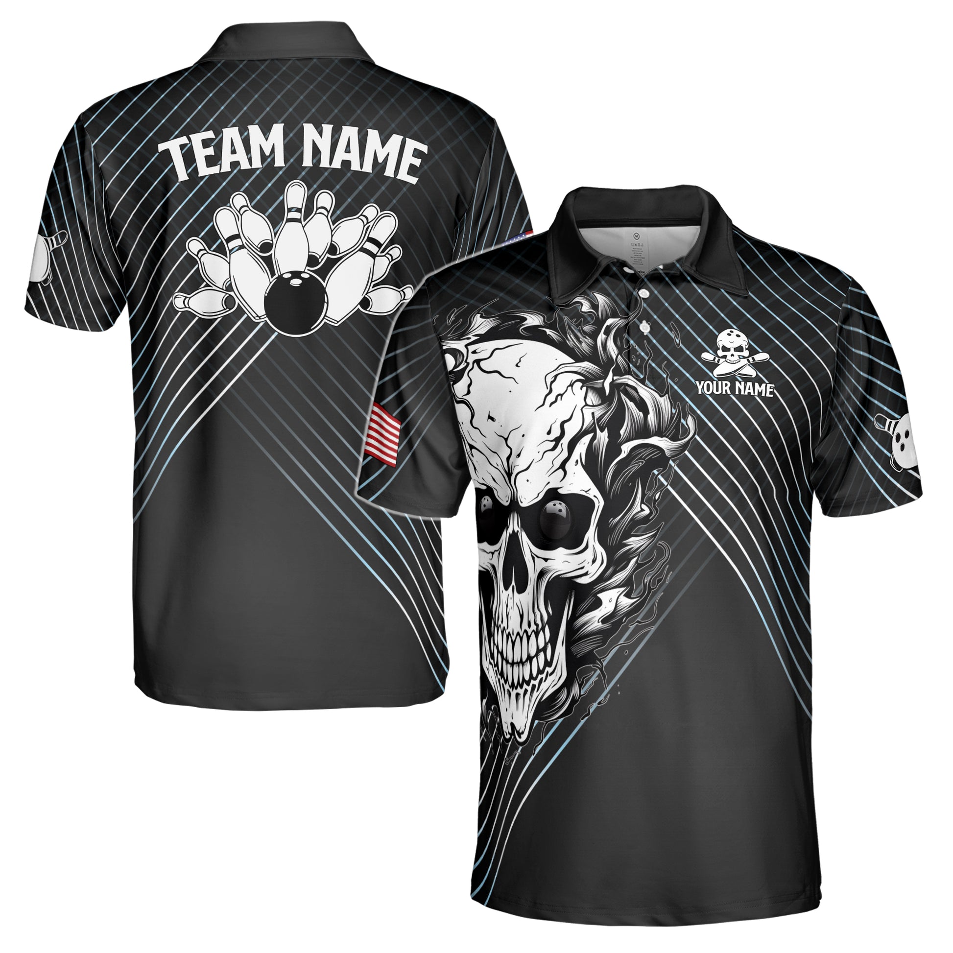 Custom Name Bowling Skull Design American Flag Men's Polo S-5XL