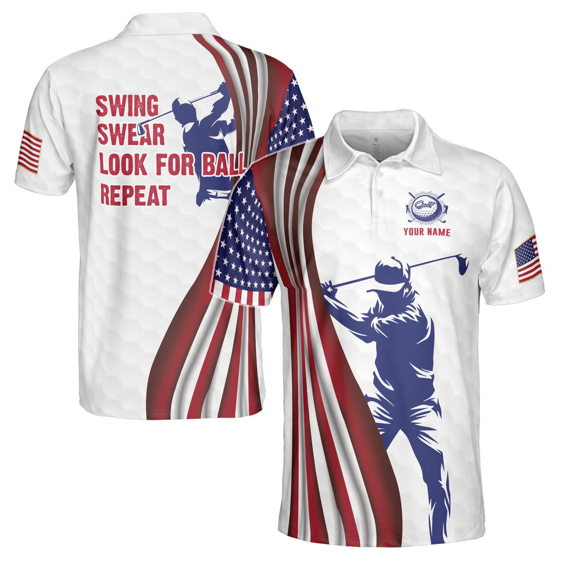 Custom Name Golf Swing, Swear Look for Ball Repeat American Flag Golfer Men's Polo S-5XL
