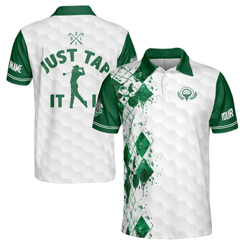 Custom Name Golfer Argyle Color Spatter Just Tap It In Men's Polo Shirt S-5XL