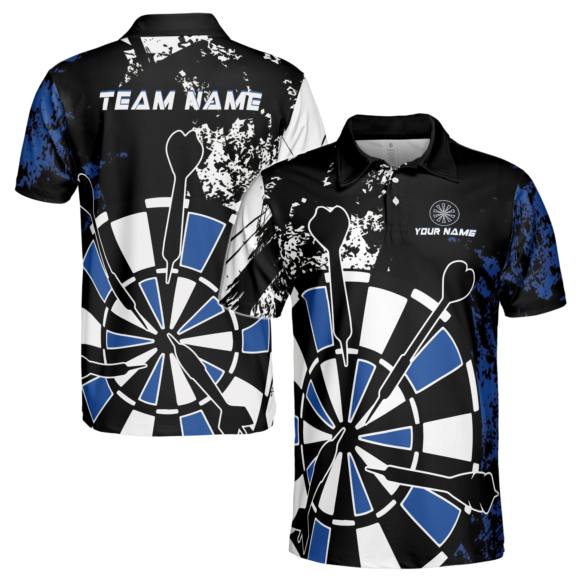 Customized Name Black Blue Spatter Patern Darts Player Team Men's Polo Shirt S-5XL