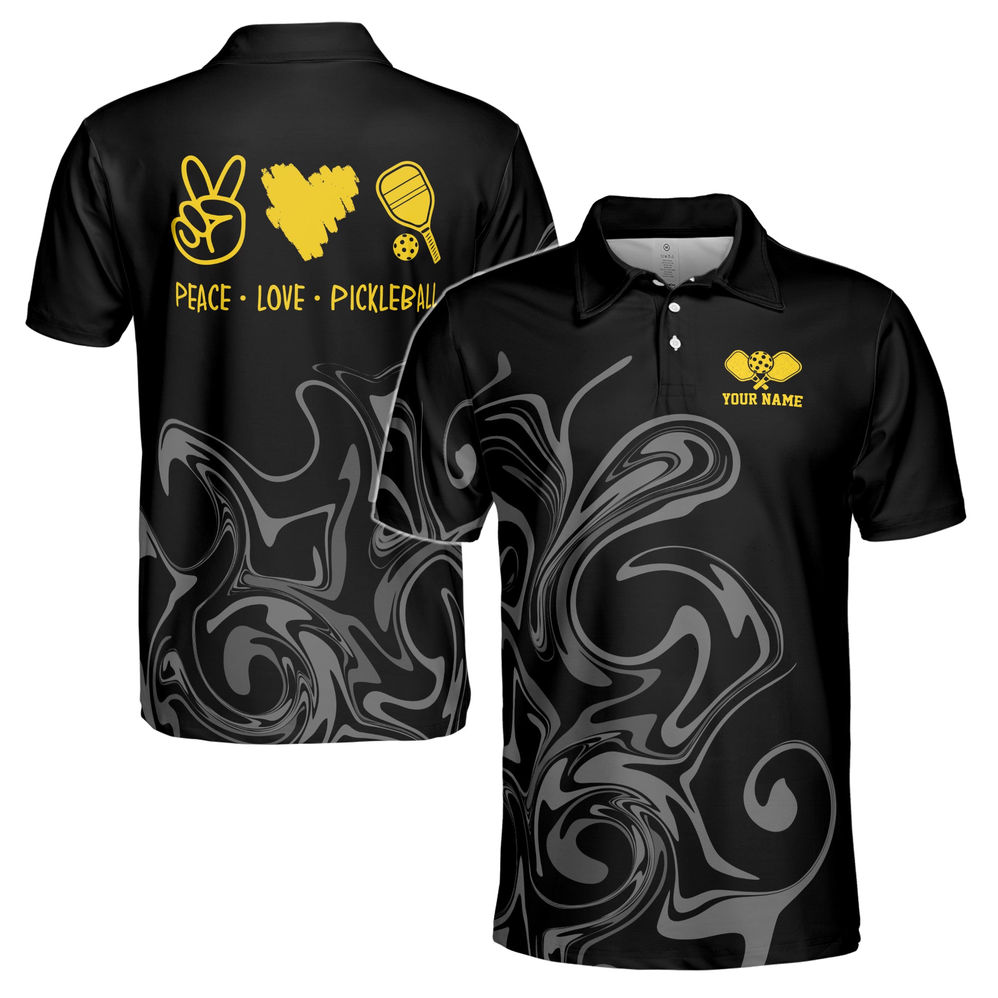 Custom Name Peace Love Pickleball Marble Pattern Men's Polo Shirt S-5XL