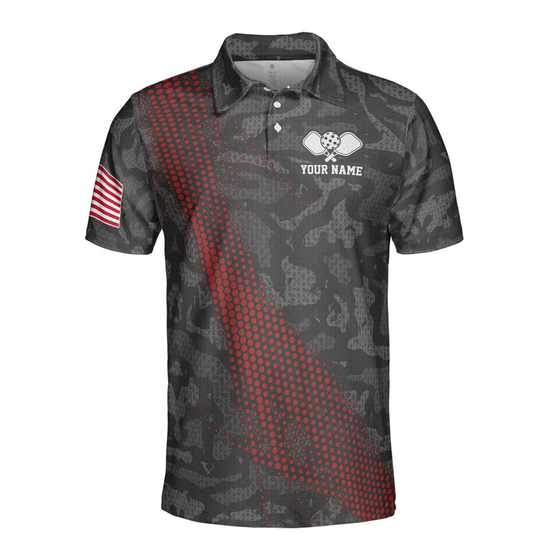 Customized Name Gray Camouflage American Flag Pickleball Men's Polo Shirt S-5XL