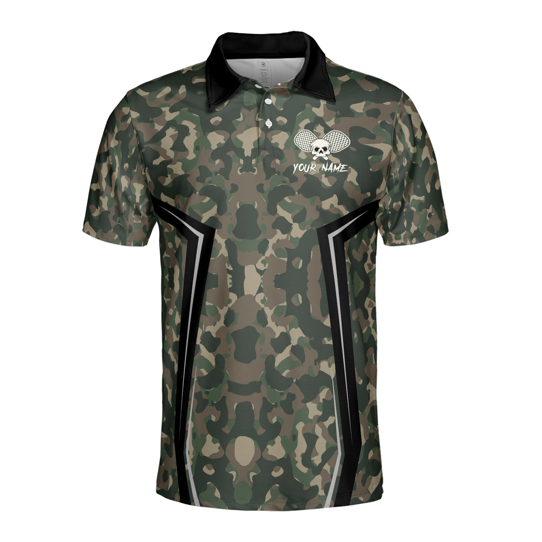 Personalized Name Camo Pattern Skull Plays Pickleball Men's Polo Shirt S-5XL