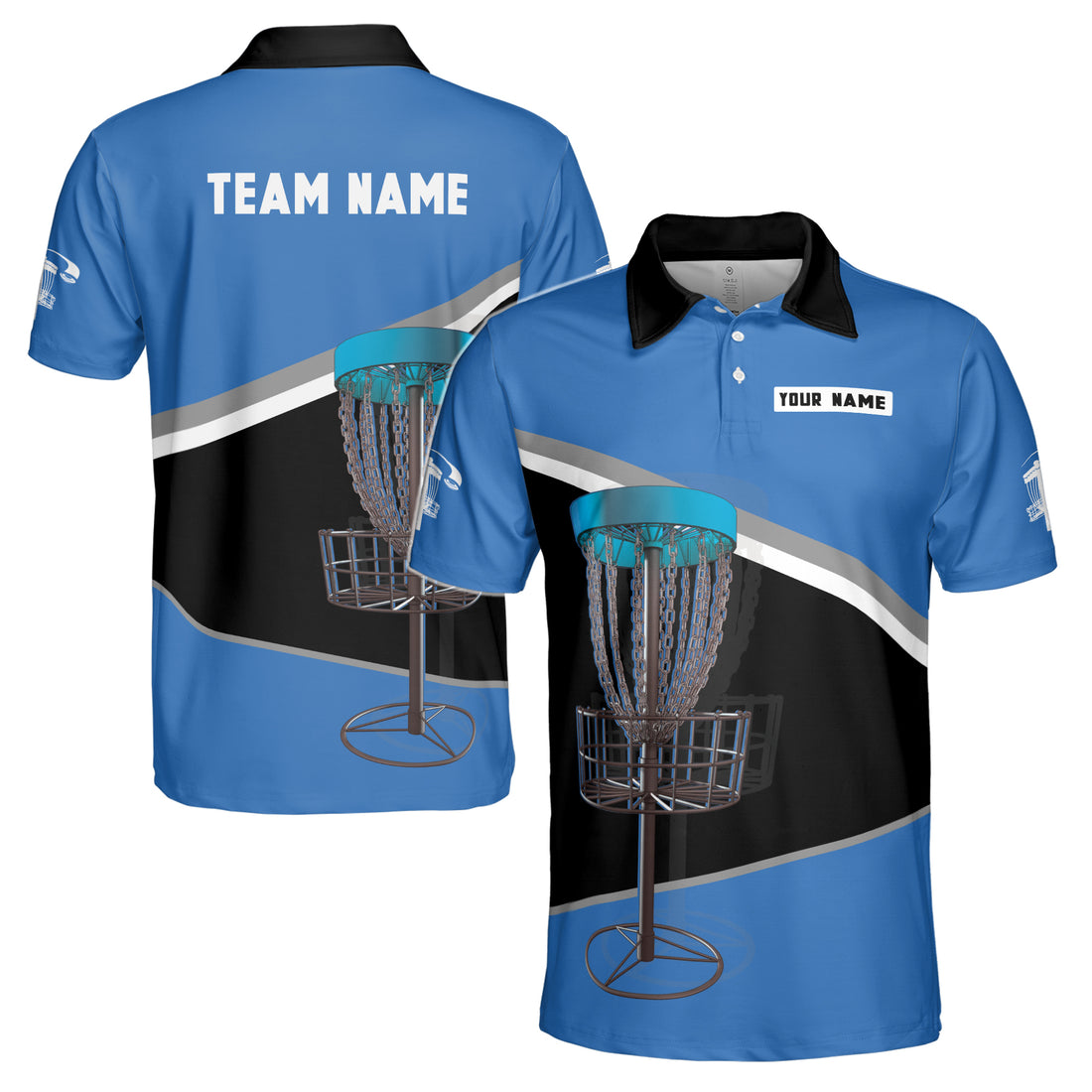 Custom Name Disc Golf Team Blue Black Men's Polo Shirt S-5XL