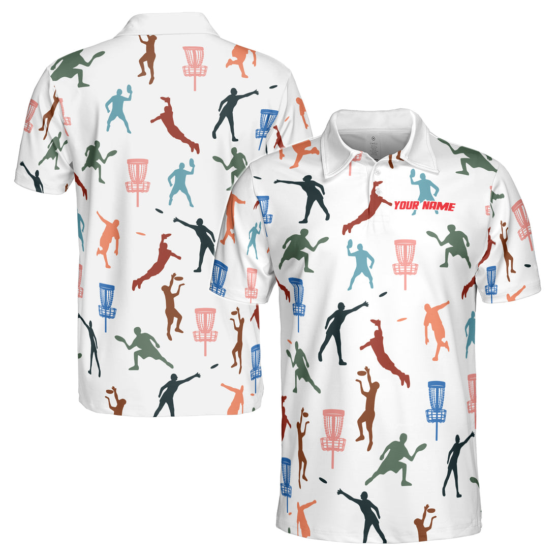 Custom Name Disc Golf Multi Color Silhouette Pattern Men's Polo Shirt S-5XL