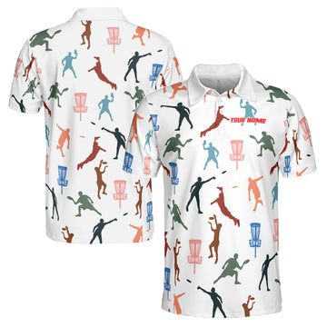 Custom Name Disc Golf Multi Color Silhouette Pattern Men's Polo Shirt S-5XL