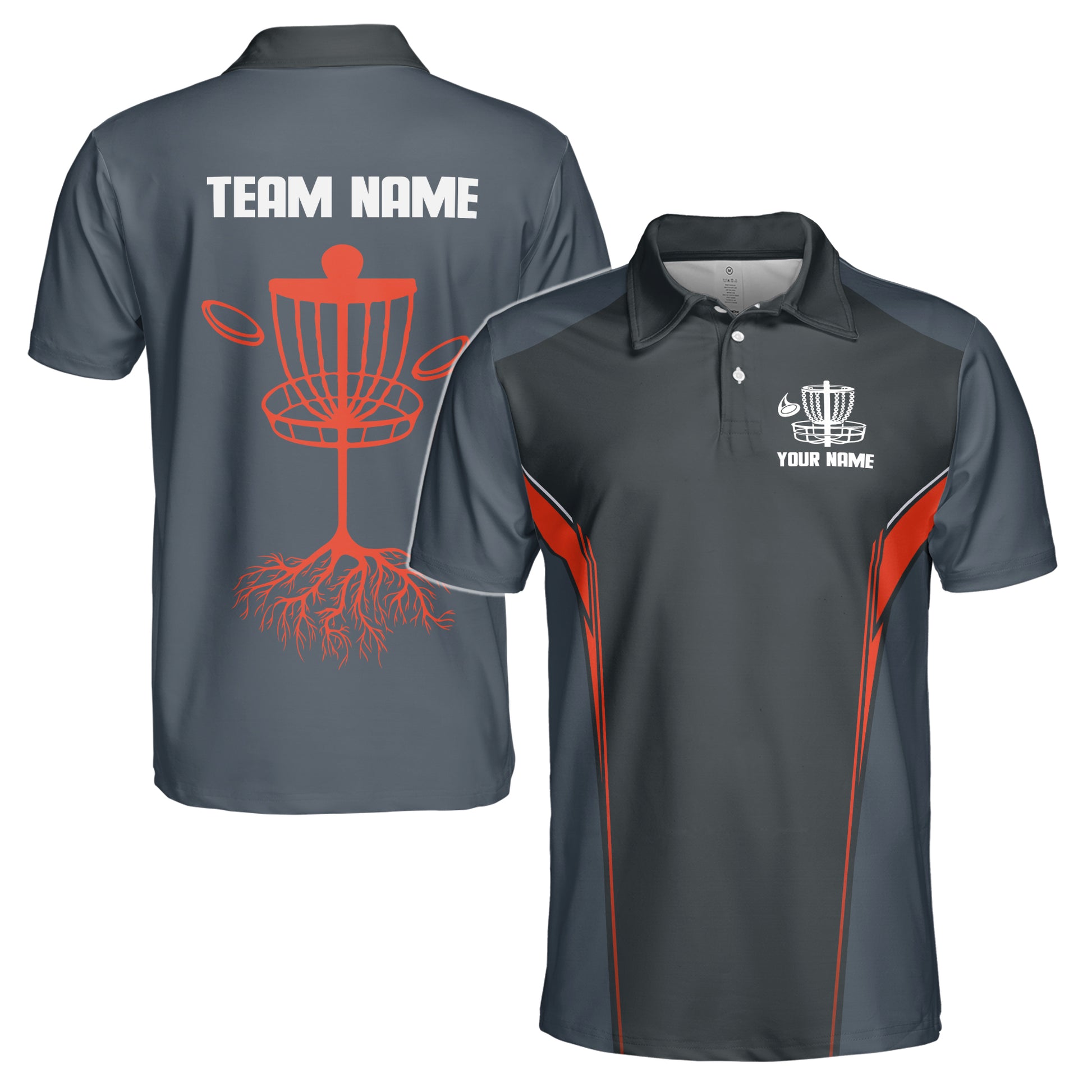 Custom Name Team Disc Golf Player Black Gray Red Men's Polo Shirt S-5XL