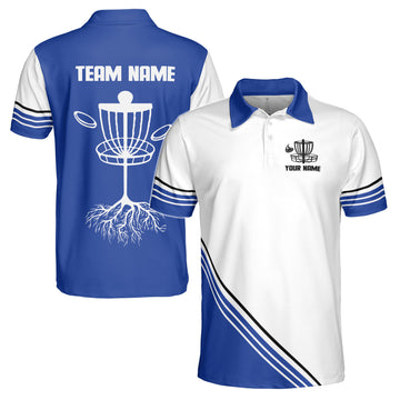 Custom Name Team Disc Golf Blue White Black Stripe Men's Polo Shirt S-5XL