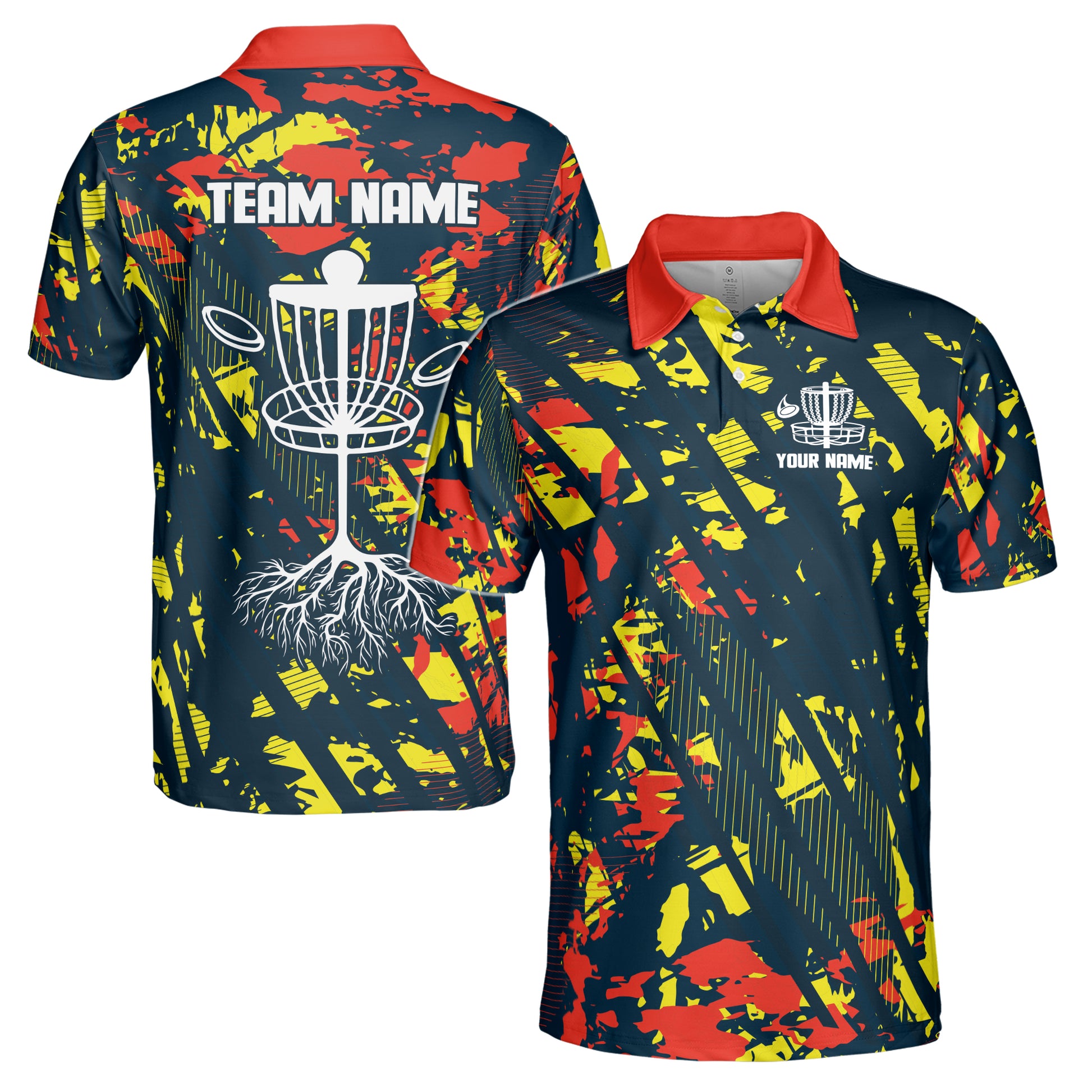 Custom Name Team Disc Golf Splatter Orange Yellow Paint Men's Polo Shirt S-5XL