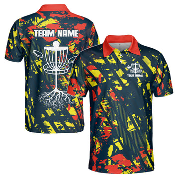 Custom Name Team Disc Golf Splatter Orange Yellow Paint Men's Polo Shirt S-5XL