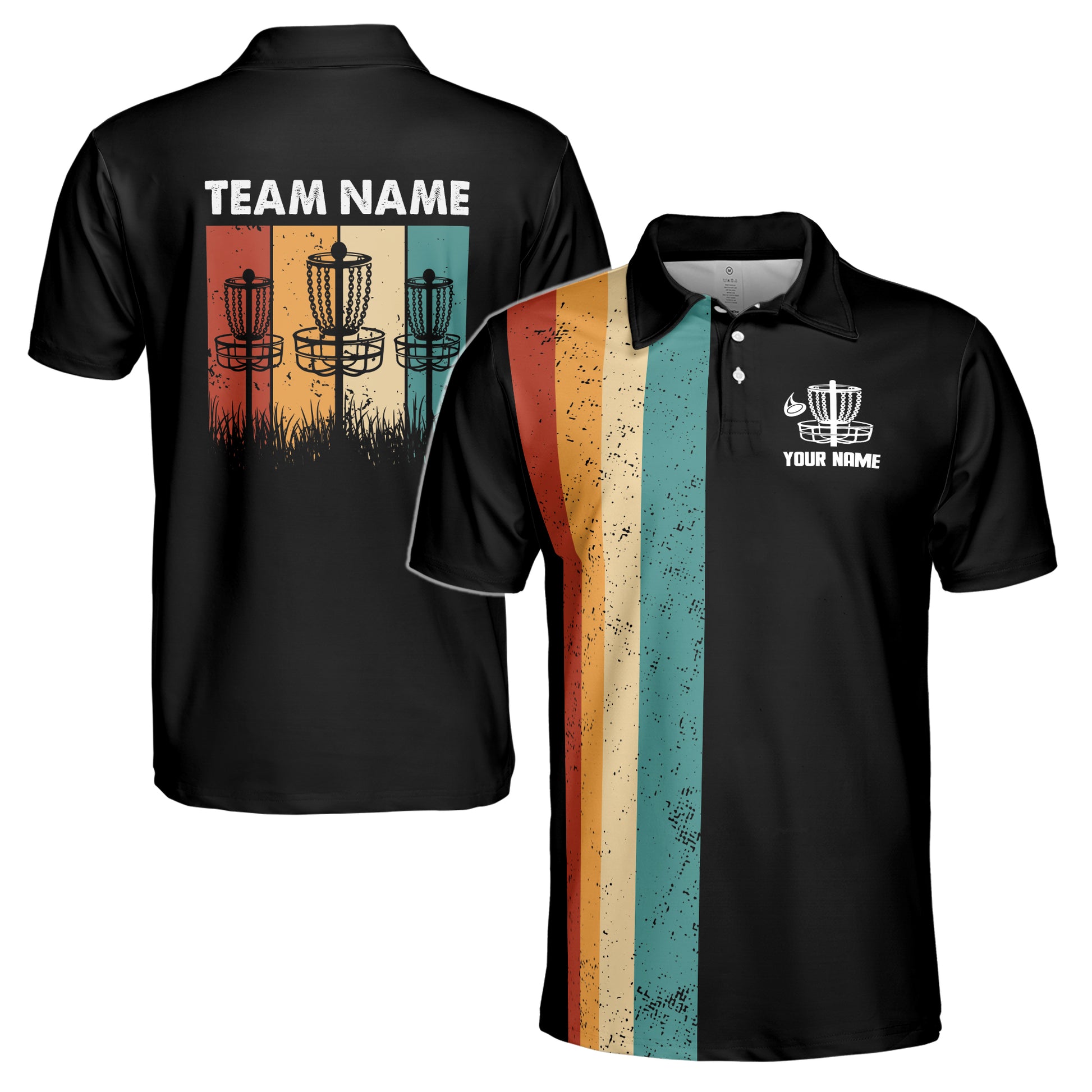 Custom Name Team Disc Golf Retro Pattern Black Men's Polo Shirt S-5XL