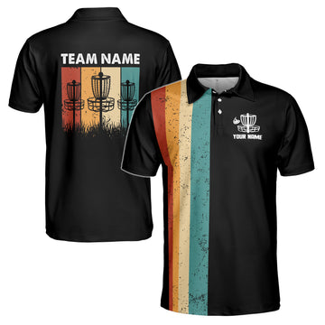 Custom Name Team Disc Golf Retro Pattern Black Men's Polo Shirt S-5XL