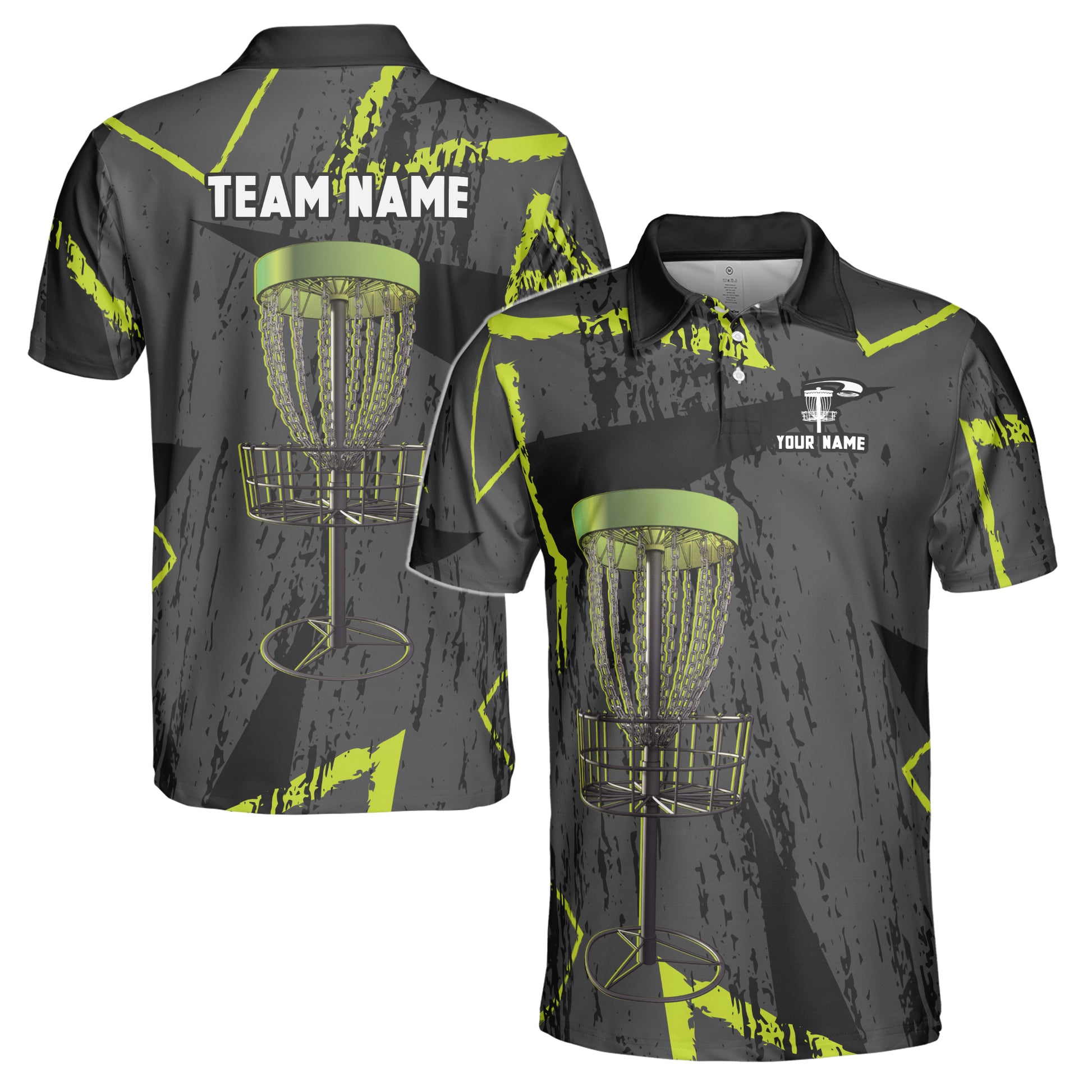 Custom Name Team Disc Golf Grunge Black Green Pattern Men's Polo Shirt S-5XL