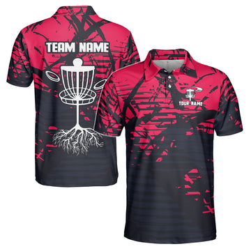 Custom Name Team Disc Golf Grunge Black Red Pattern Men's Polo Shirt S-5XL
