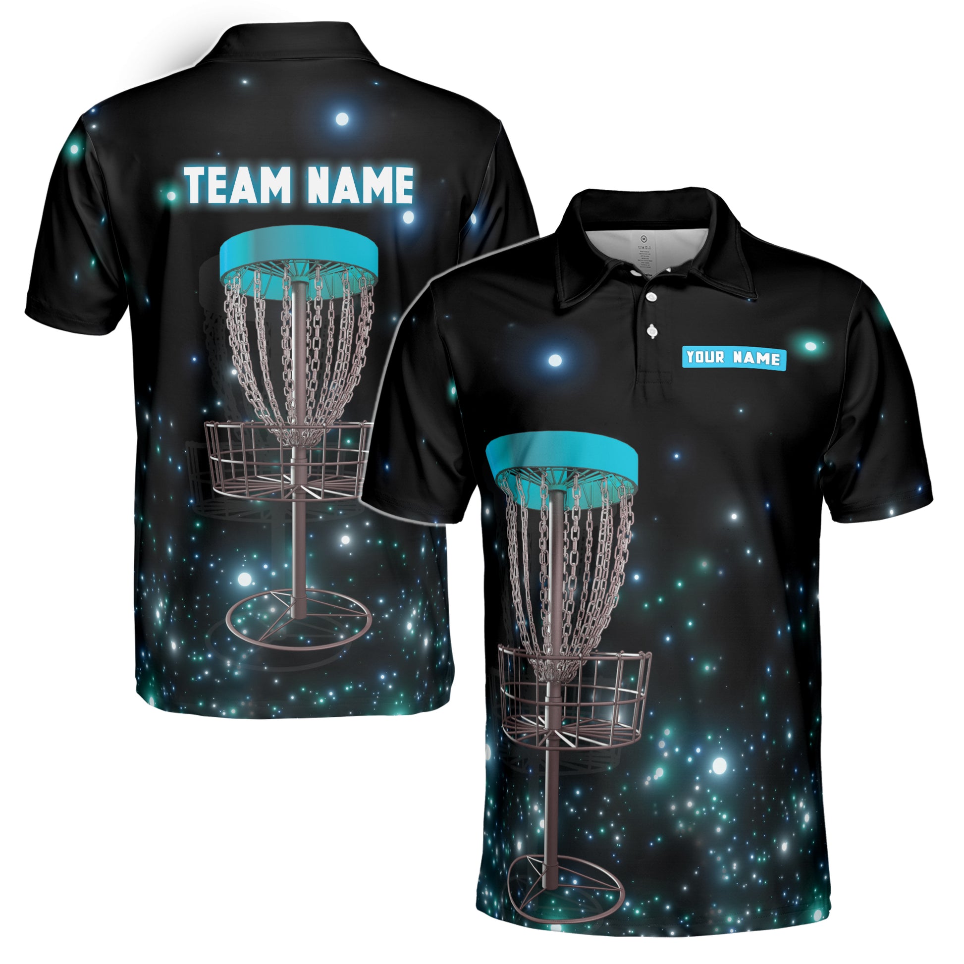 Custom Name Team Disc Golf Black Galaxy Men's Polo Shirt S-5XL