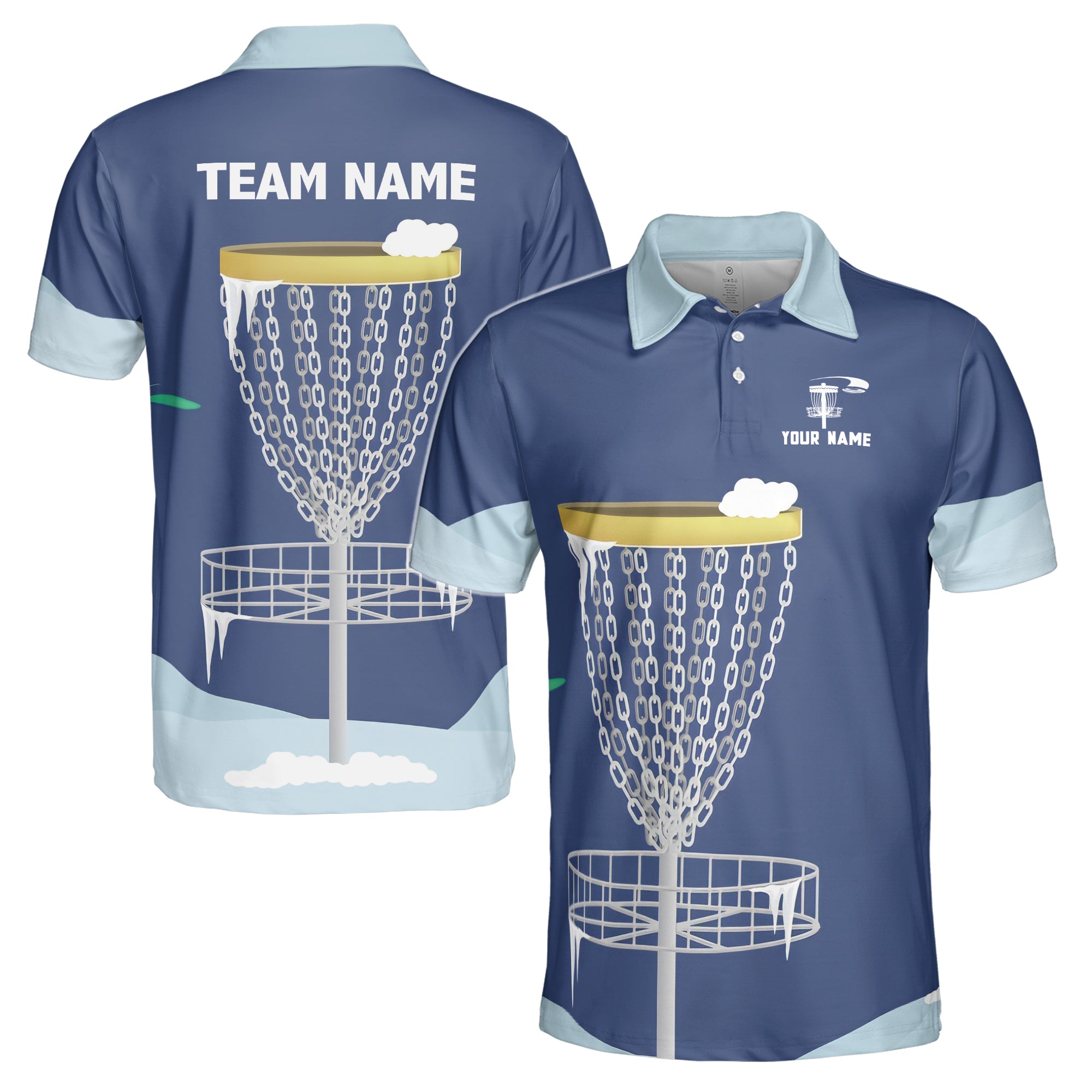 Custom Name Team Disc Golf Retro Blue Pattern Men's Polo Shirt S-5XL