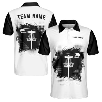 Custom Name Team Disc Golf Black White Polka Dot Men's Polo Shirt S-5XL