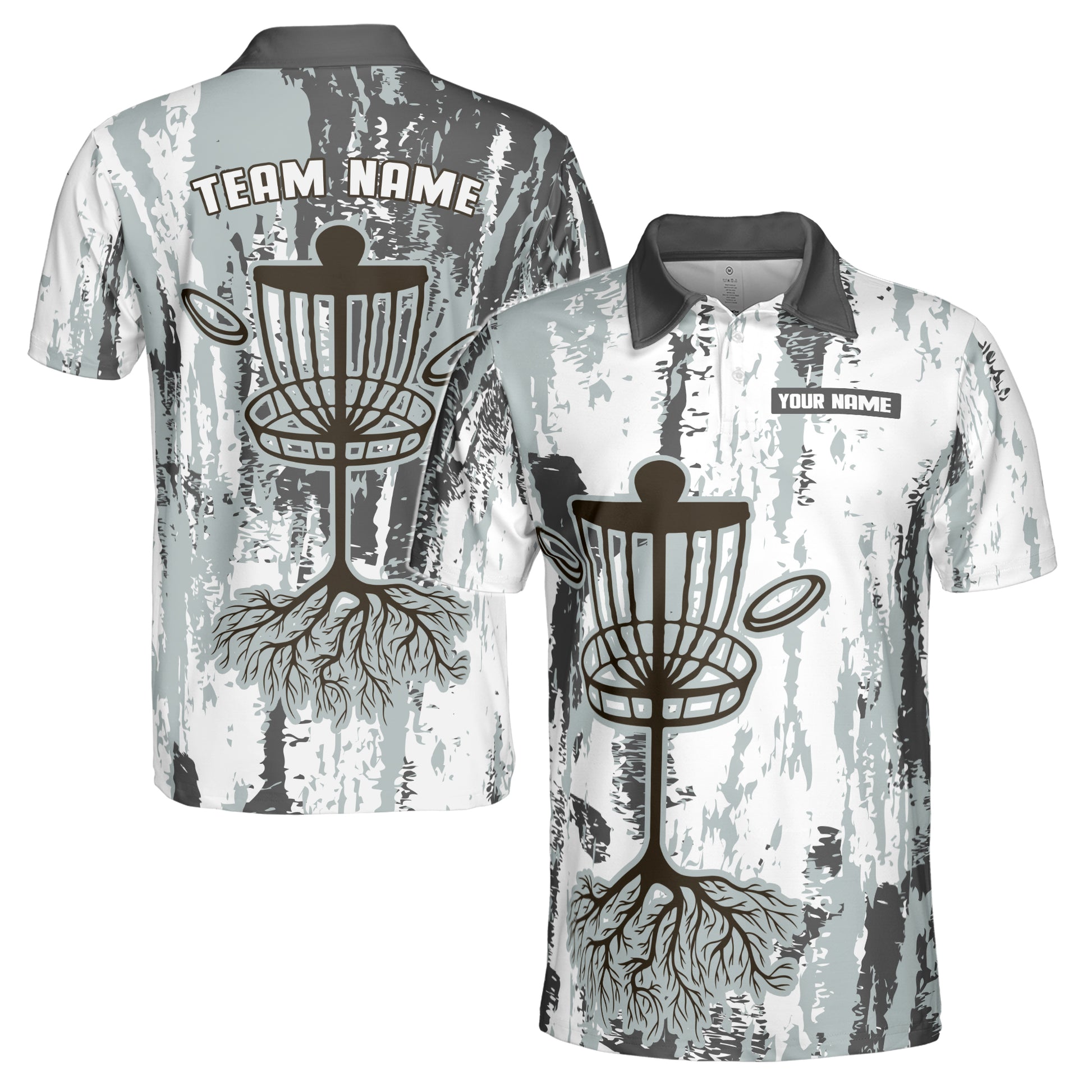 Custom Name Team Disc Golf Grunge White Gray Pattern Men's Polo Shirt S-5XL