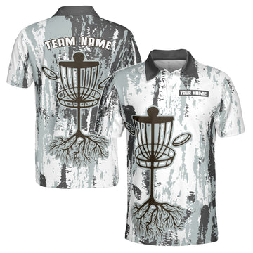 Custom Name Team Disc Golf Grunge White Gray Pattern Men's Polo Shirt S-5XL