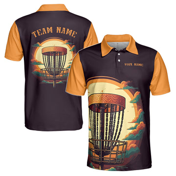 Custom Name Team Retro Disc Golf Black Orange Sunset Men's Polo Shirt S-5XL