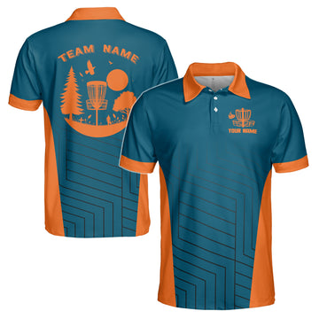 Custom Name Funny Disc Golf Blue Orange Tree Pattern Men's Polo Shirt S-5XL