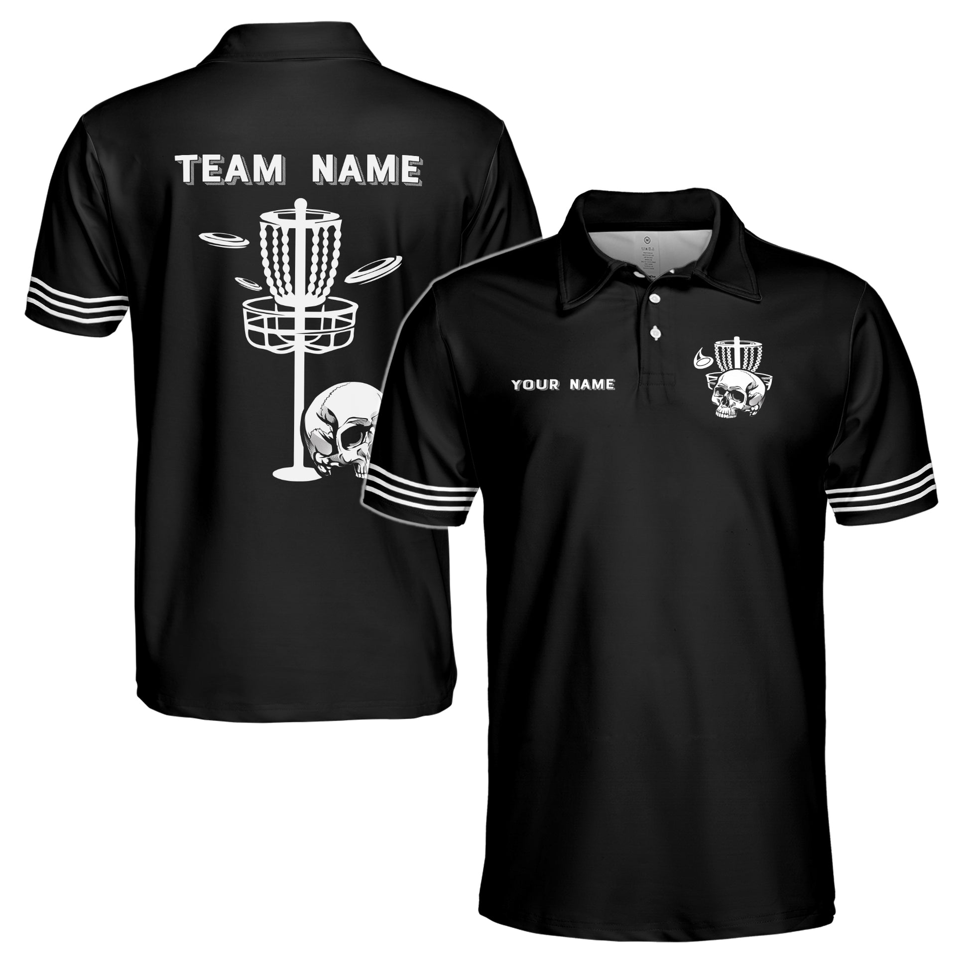 Custom Name Team Skull Disc Golf Black Men's Polo Shirt S-5XL
